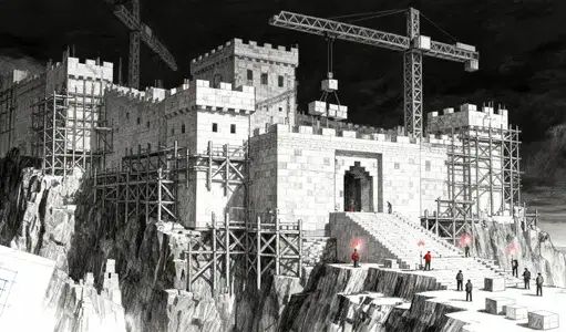 Siege weapons attacking a fortress